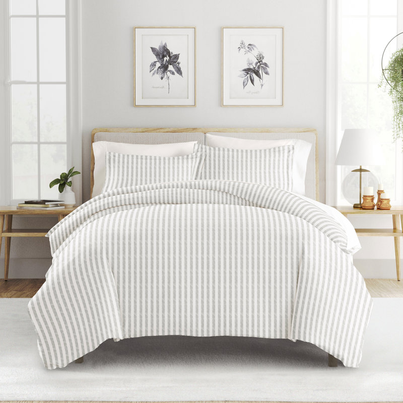 Becky Cameron Puffed Rugged Stripe Duvet Cover Set Full Queen Duvet Cover 2 Standard Shams Navy